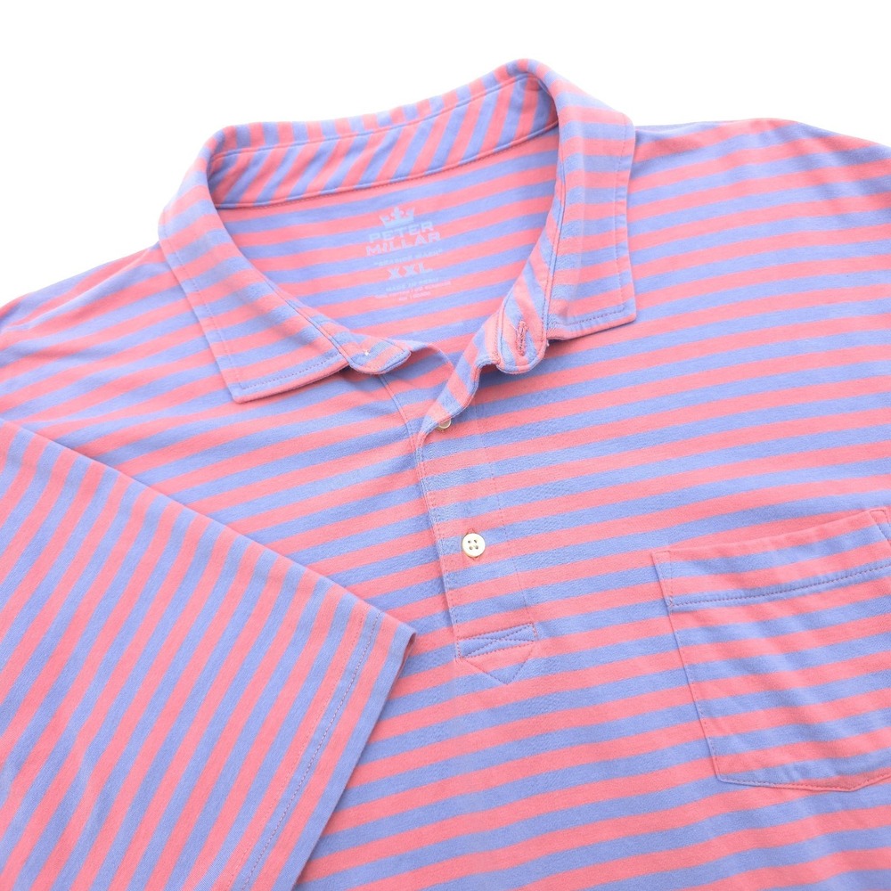 Peter Millar Seaside Polo Shirt Men's 2XL Pink Blue Stripe Golf Logo Stretch